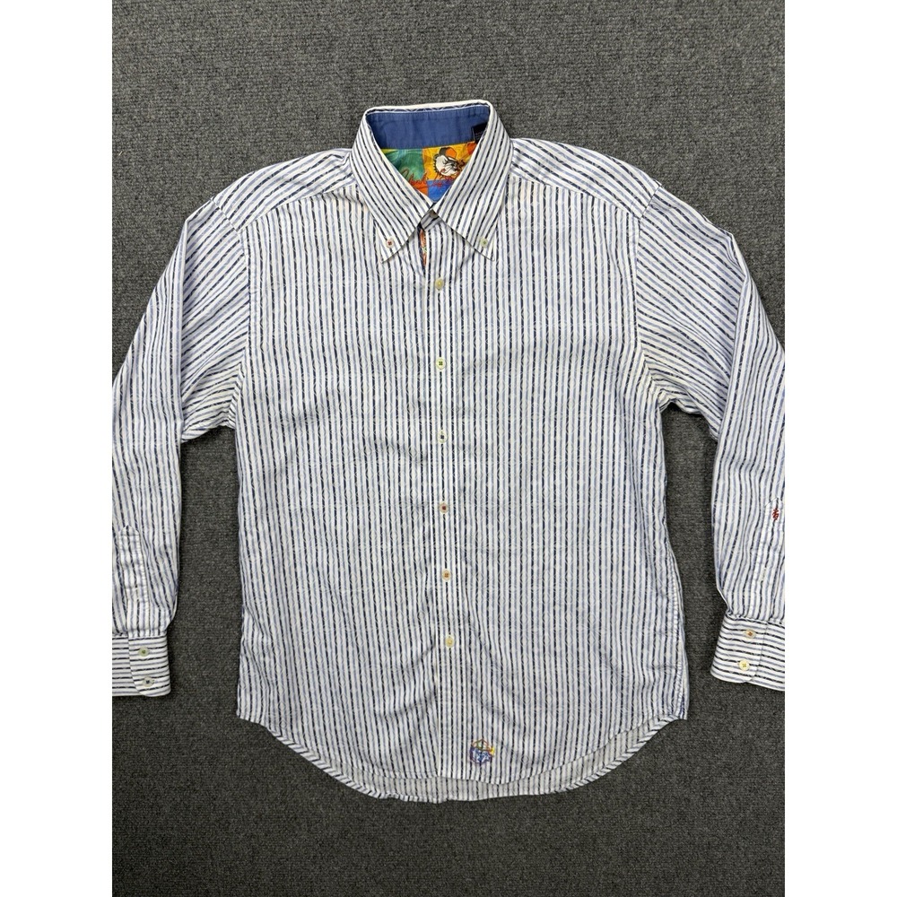 Robert Graham Button Up Shirt Men's Medium Blue White Stripe Bulldog Flip Cuffs